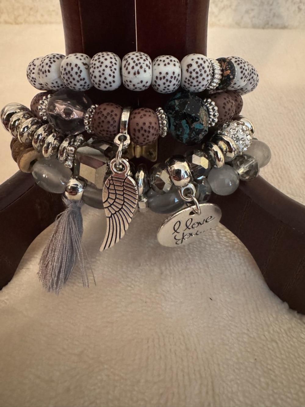 Boho Stacked Beaded Charm Bracelets - White, Brown, Gray, Silver - Picture 2 of 3